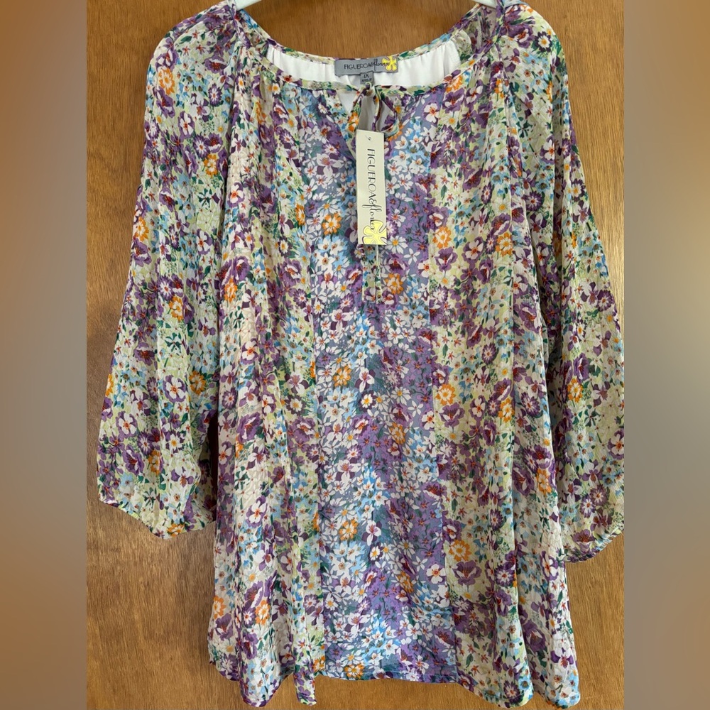 Figueroa & Flower Women’s Purple Floral Top 3/4 Sleeves Size 1X New